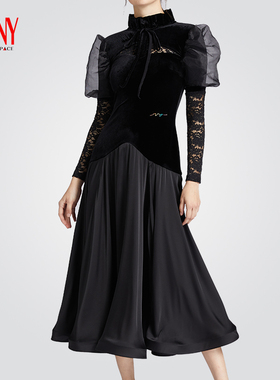NY纳艺哥特风包臀连衣裙欧根纱黑色长裙丝绒拼接舞会摩登裙22247M