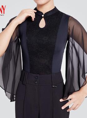 NY纳艺喇叭袖蕾丝立领上衣新中式国风国标舞女士舞蹈练功服24203S