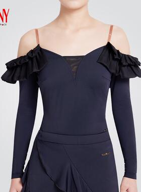 NY纳艺活褶露肩吊带上衣女黑色长袖一字领冰丝国标舞练功服23255S