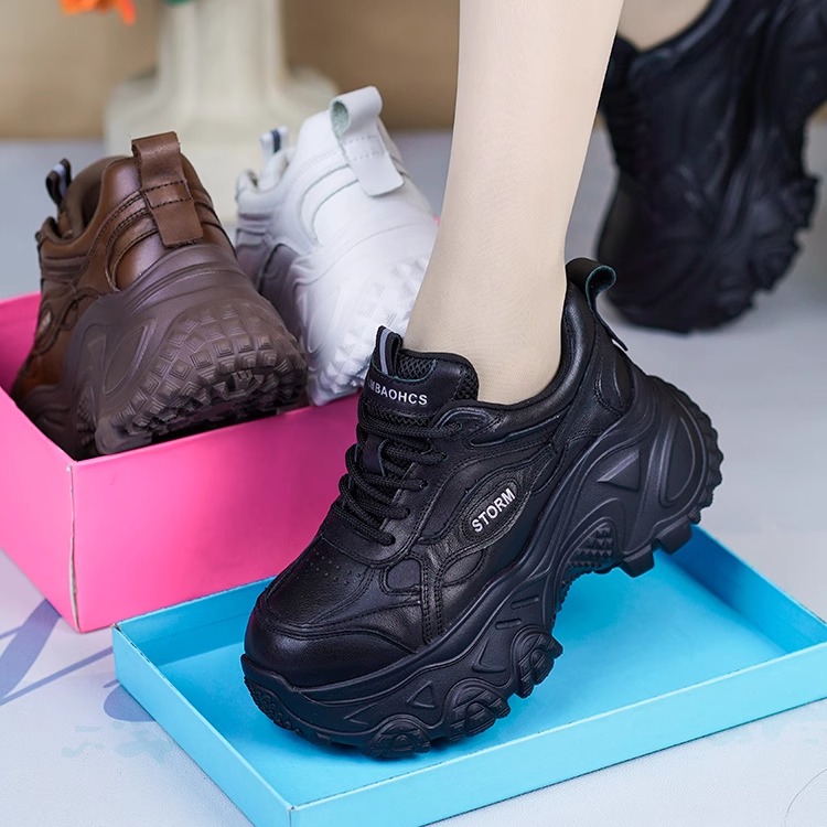 秋冬新款真皮厚底增高运动单绒鞋