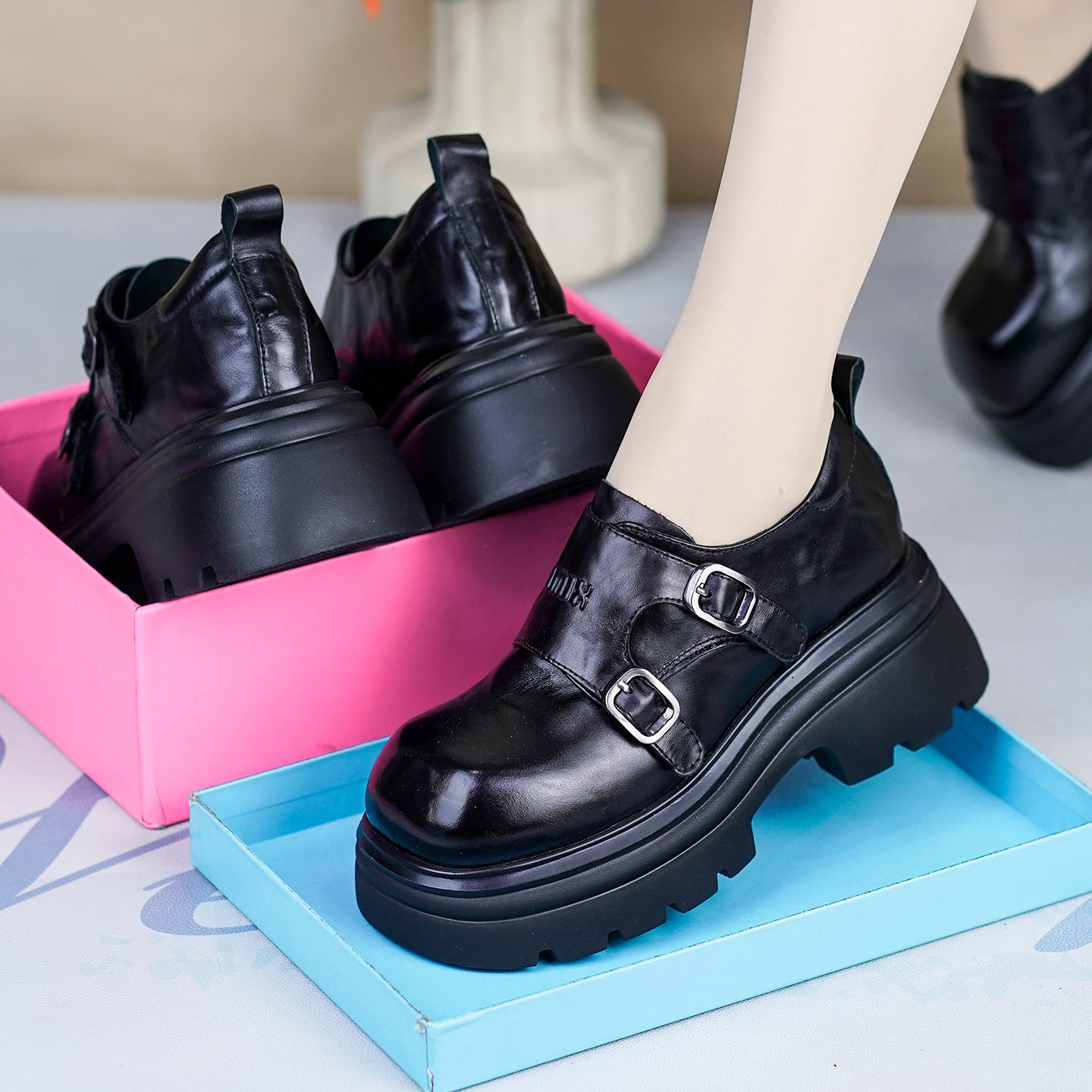 春秋新款头层牛皮乐福鞋女漆皮厚底粗跟小皮鞋真皮小个子潮鞋单鞋,女鞋,深口单鞋,淘宝优惠券,粉丝福利购,淘宝优惠卷