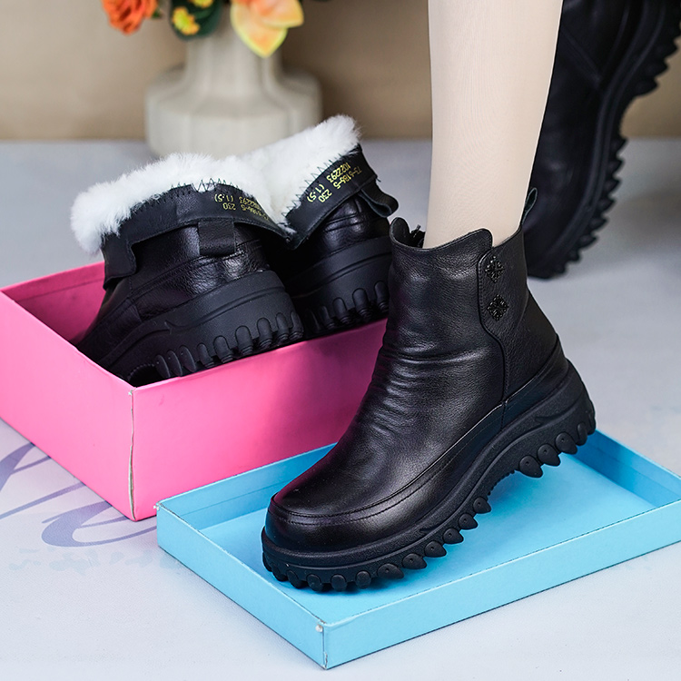 冬新款真皮厚底羊毛保暖马丁短靴