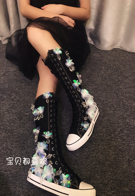 欧洲站高端定制亮片花朵内增高高筒帆布鞋女 水钻串珠吊坠长筒靴