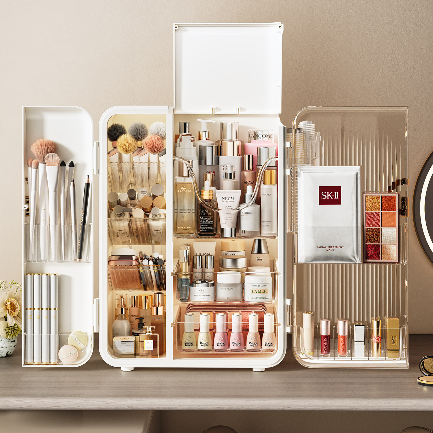 化妆品收纳盒桌面高级感透明带盖化妆刷收纳筒梳妆台置物架抽屉式