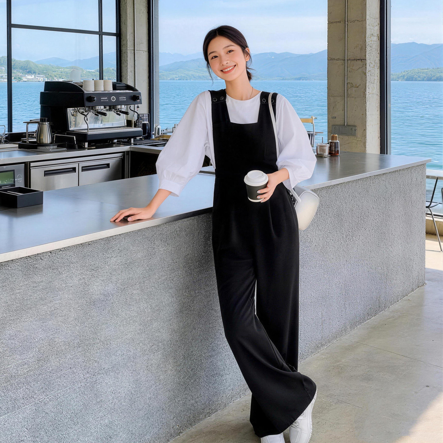 黑色背带阔腿裤女小个子两件套