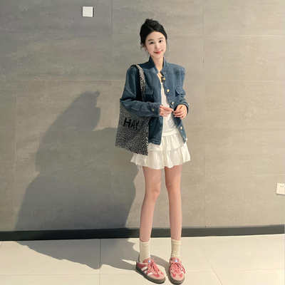 蓝色牛仔外套女短款小个子春夏季2026新款小香风立领复古薄款衬衣