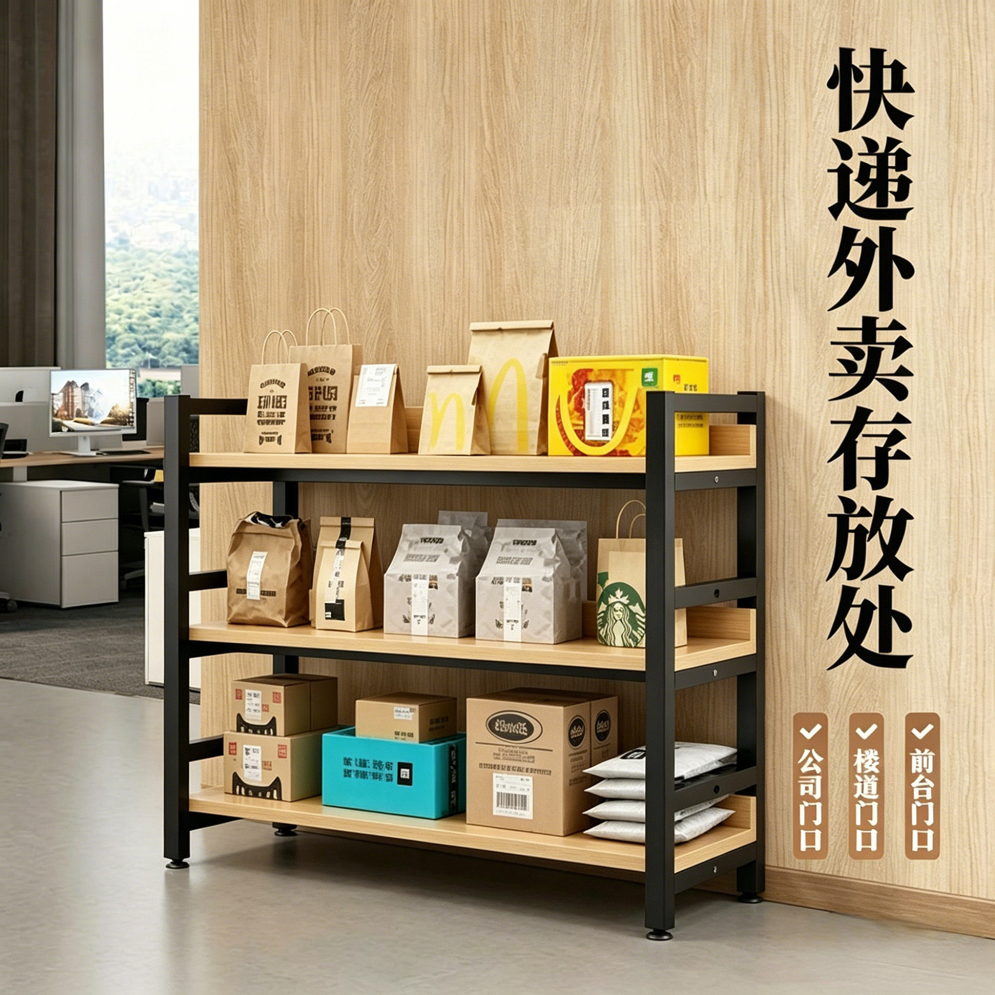 公司门口外卖架子多层置物架快递放置架一体靠墙落地收纳储物架
