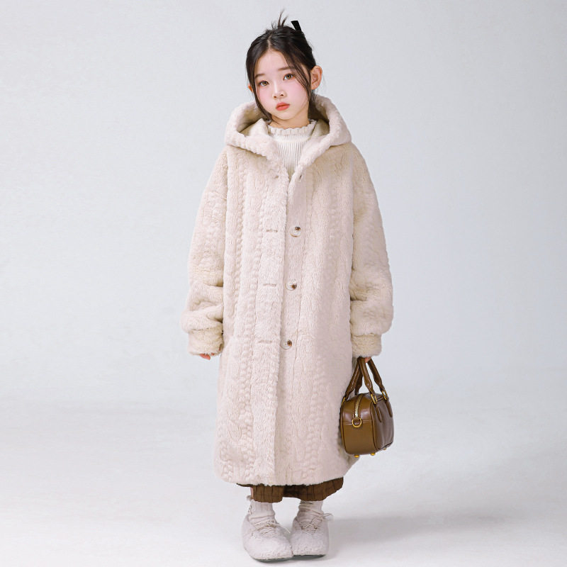 儿童皮草仿水貂外套中大童金貂绒皮毛一体中长款连帽宽松女童