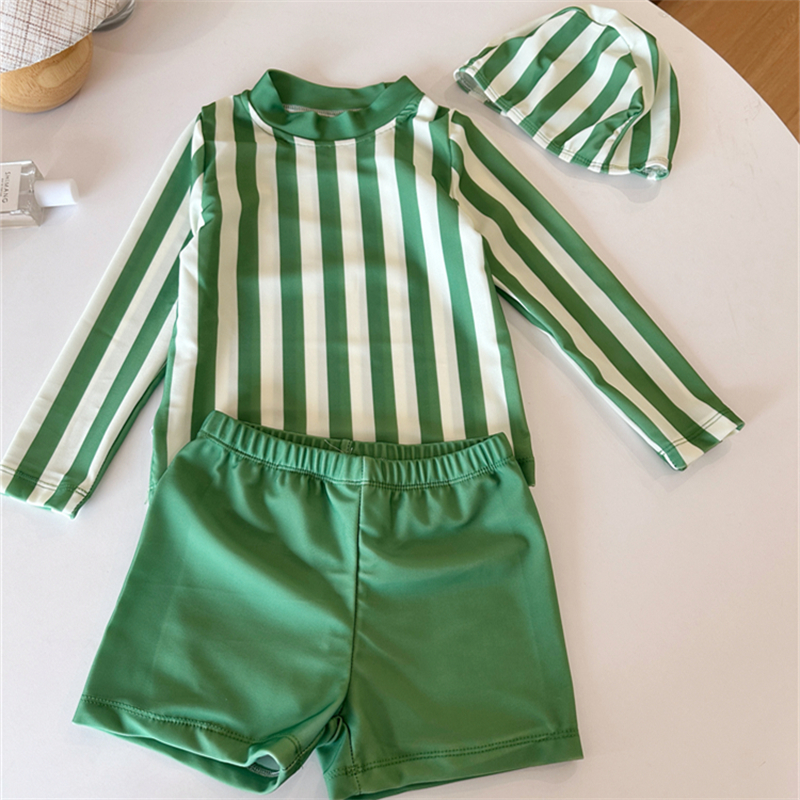 韩版男童泳衣2025新款分体条纹长袖泳装中小童防晒男孩帅气泳衣