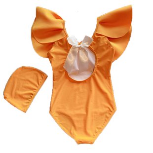 2025新款橘色纯色蝴蝶结露背荷叶边韩版连体女童泳装bikini泳衣