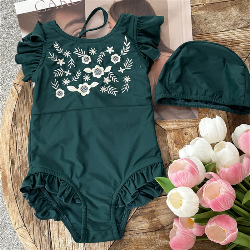 女童泳衣韩版ins刺绣小清新儿童泳装中小童花边连体速干泳衣温泉