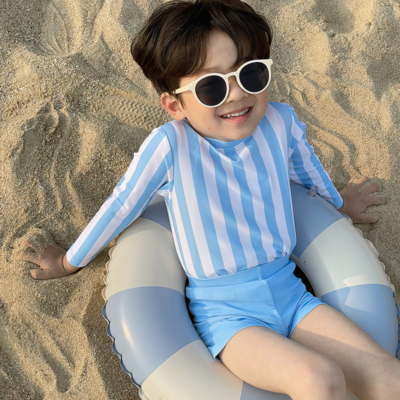 男童韩版泳衣分体长袖条纹泳装沙滩度假防晒速干游泳衣中小童泳衣