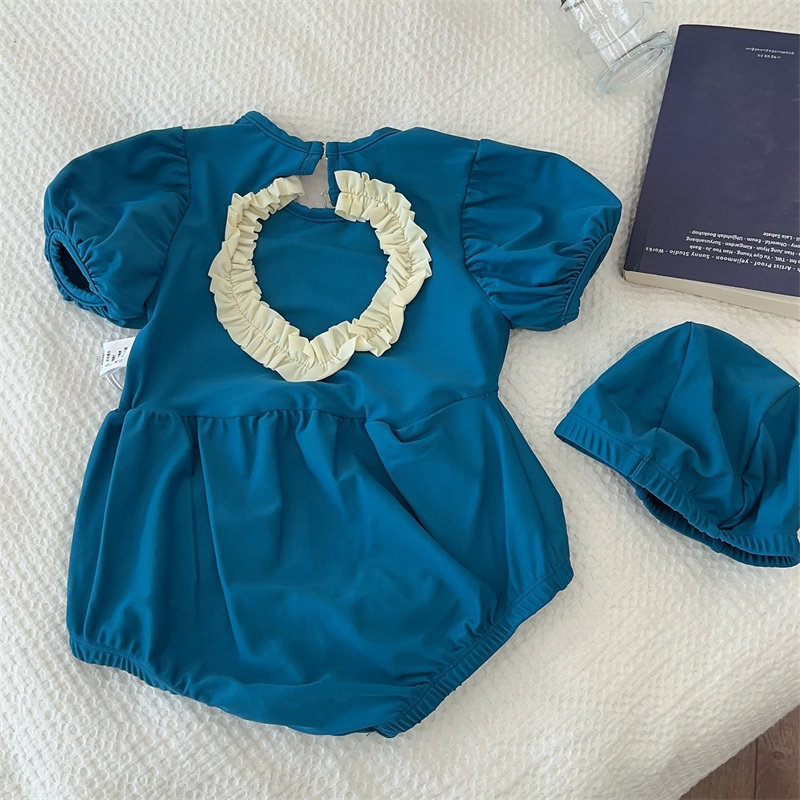 女童韩版ins热款洋气时尚宝宝连体式泳衣花边镂空假日游泳衣套装