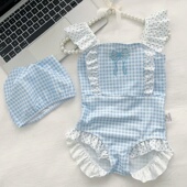 儿童泳衣2026新款 中小童可爱宝宝游泳衣 女童宝宝连体格子泳装