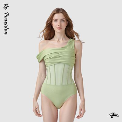 海王甜心度假拍照温泉泳衣女连体泳装大码外穿浅绿色显白出片