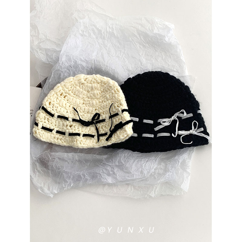 允旭/韩系粗针织手工帽女秋冬保暖护耳渔夫帽绒面蝴蝶结包头帽