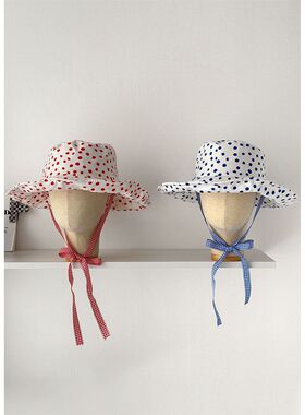 允旭~实拍/小清新波点系带渔夫帽子!春夏透气薄款大檐遮脸防晒帽