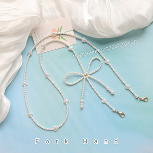 饰链斜跨女包替换背带蝴蝶链 叉子家仿珍珠链条斜背带手机链包包装