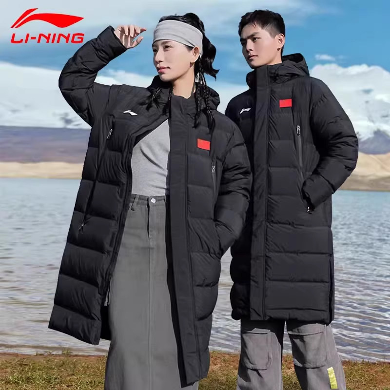 李宁羽绒服长款男女25冬季新款国旗过膝情侣加厚保暖连帽外套正品