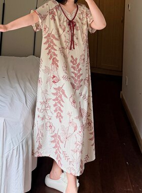 加肥加大码女装2-300斤睡衣印花v领宽松遮肚睡裙甜美宫廷风家居服