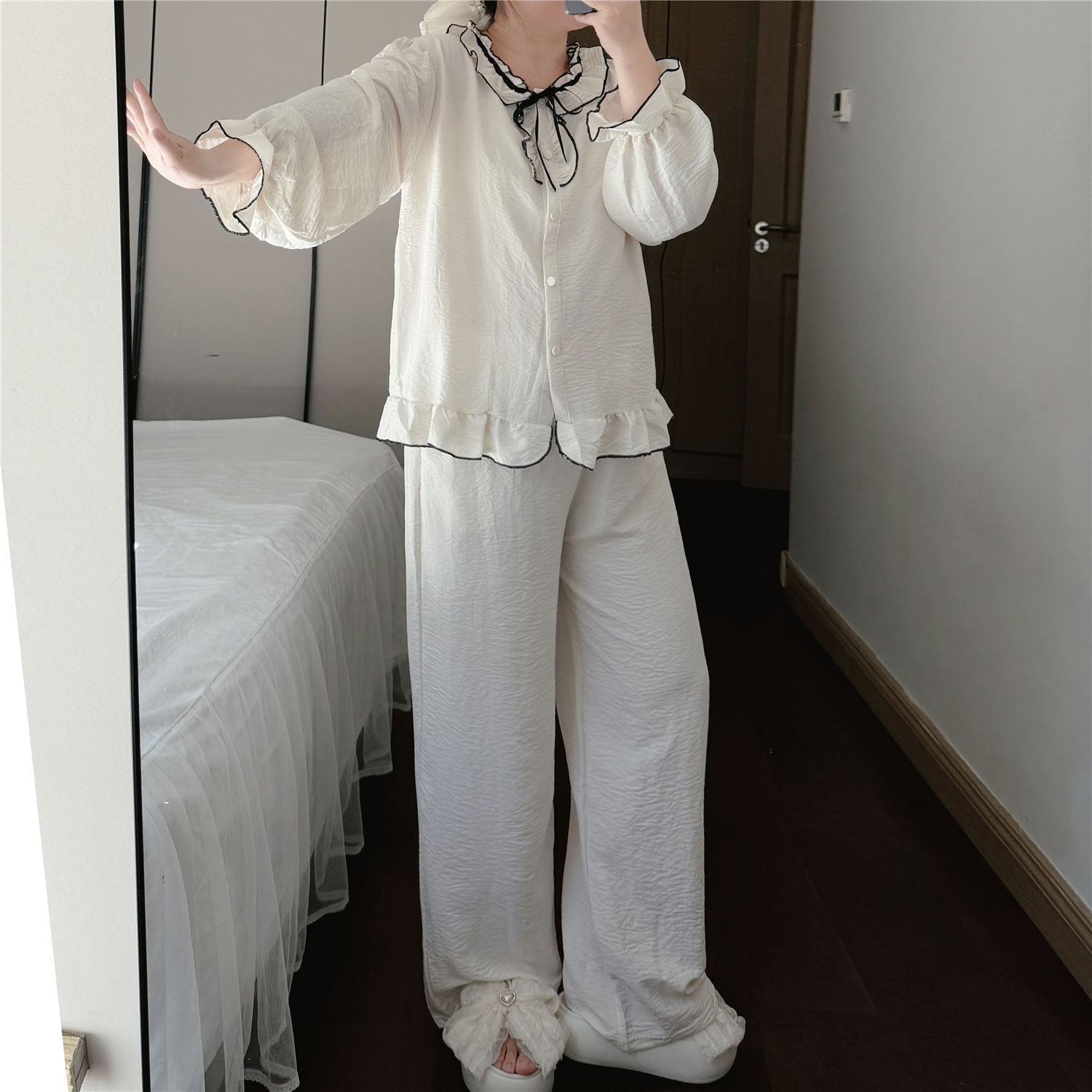 微胖大码胖mm150斤奶油风睡衣女春秋两件套装开衫长裤外穿家居服