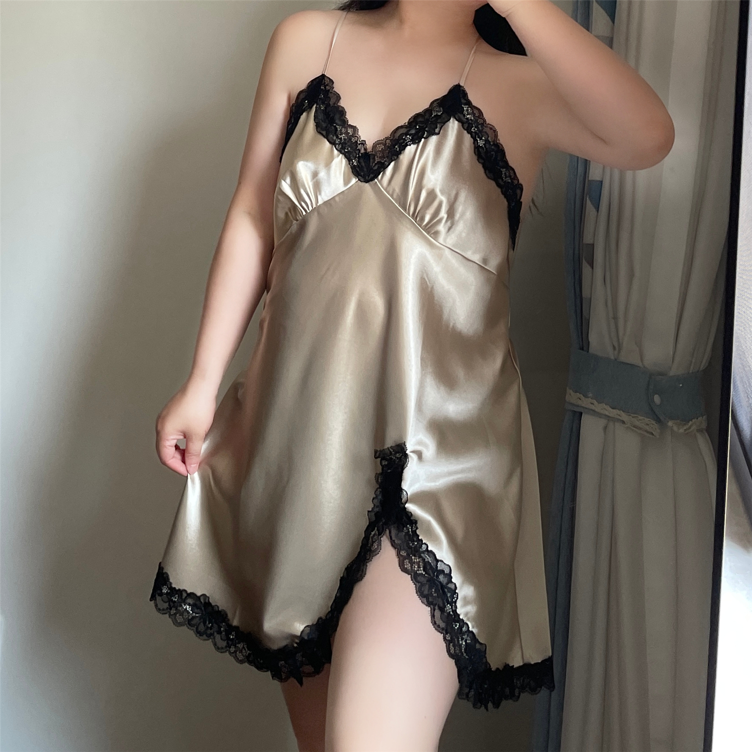 加大加肥胖MM200斤性感开叉冰丝吊带睡裙绿色夏女仿真丝吊带睡衣