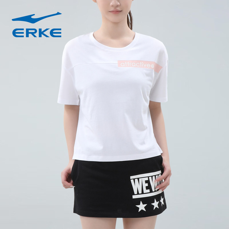 鸿星尔克t恤女短袖白色夏季宽松纯棉休闲短款圆领体恤透气运动短t