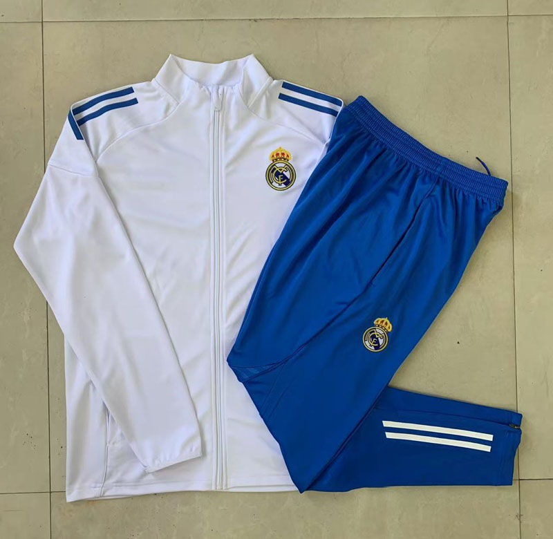 皇马2425白色长袖足球训练服球衣外套男出场热身健身长裤运动队服