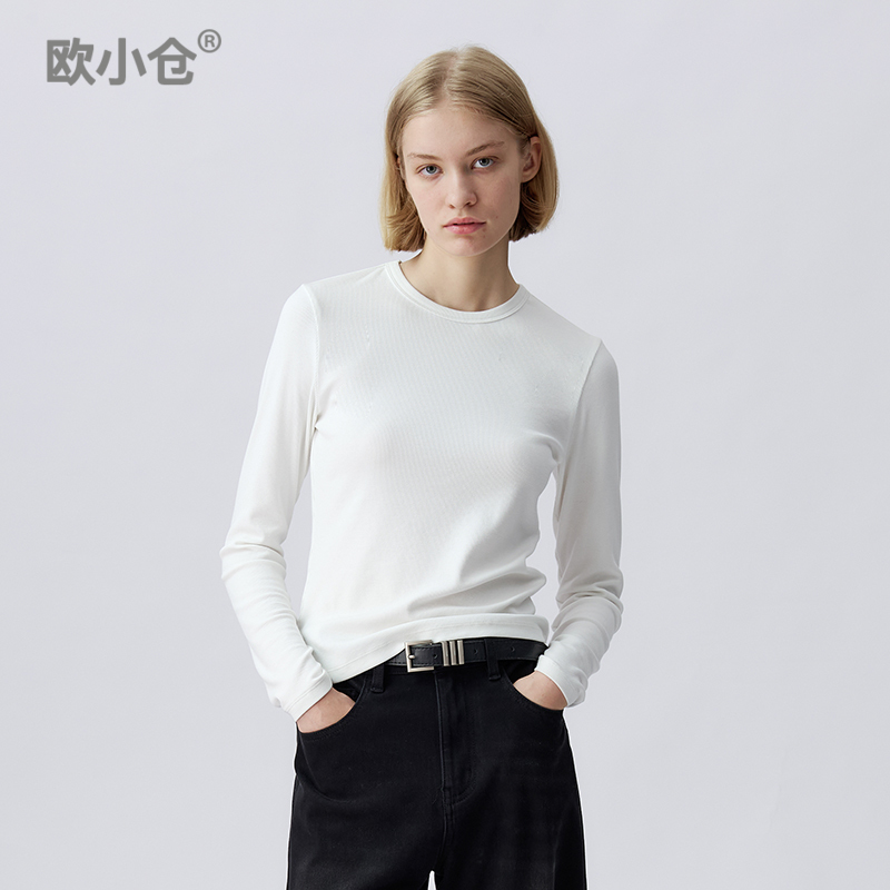 OXC/欧小仓女装柔软罗纹圆领T恤/长袖/纯色基础款打底衫
