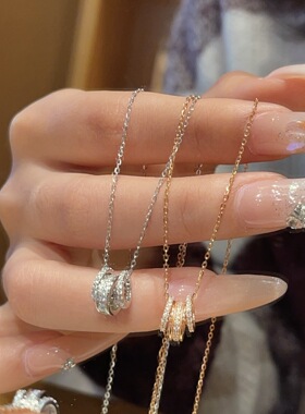 S925银三环小蛮腰满钻项链 温柔气质百搭显白 小众高级感锁骨链