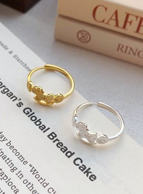 国风小马铜钱戒指S999银开口调节小众设计感招财纳福指环女