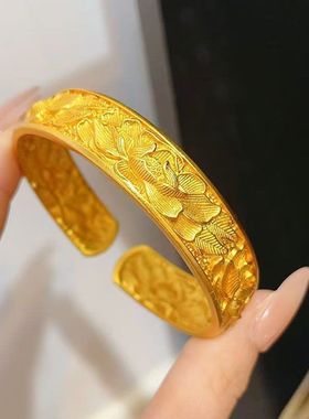宽版牡丹花沙金手镯仿真黄金实心轮胎复古花朵新中式国风复古镯子