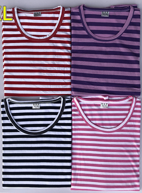 中老年人女装春季圆领T恤宽松加大码妈妈装条纹纯棉体恤衫薄春秋