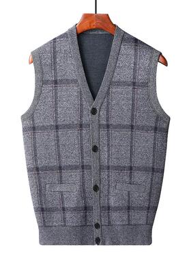 中老年马甲男V领格子新款春秋爸爸装纽扣坎肩无袖针织开衫爷爷