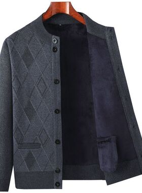 中老年男士秋冬加绒加厚针织开衫圆领保暖宽松上衣休闲打底爸爸装