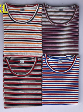 春秋中老年女装纯棉长袖薄打底衫 宽松圆领上衣中老年条纹t恤女装