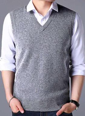 新款春秋季商务男士针织马甲男爸爸无袖坎肩马夹老年人鸡心领背心