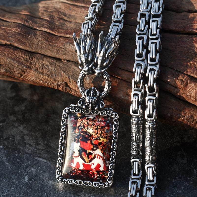 复古多杰雄天唐卡项链男霸气佛牌链帝王链嘻哈个性钛钢六字真言潮