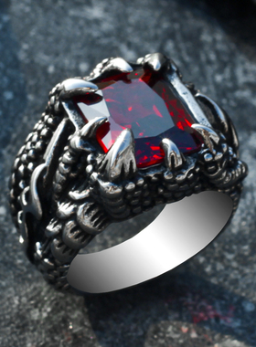 复古龙爪红宝石戒指男钛钢指环