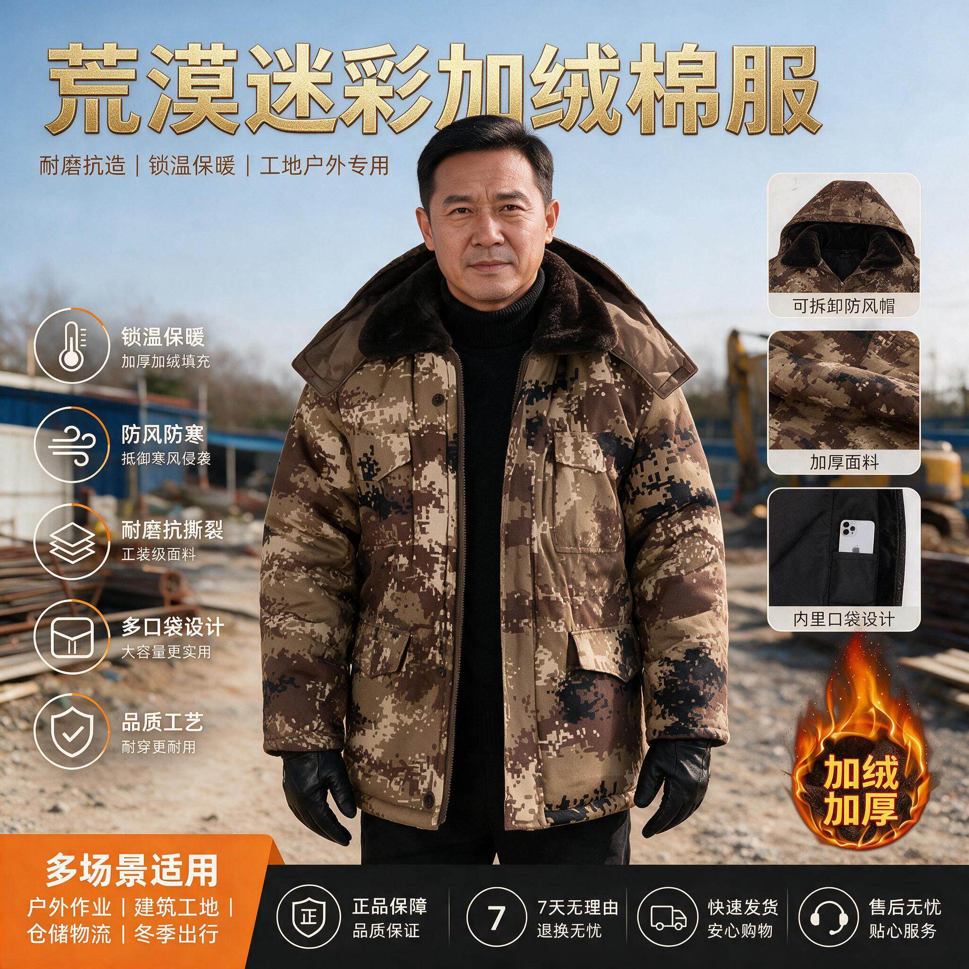 迷彩棉衣男冬季加绒加厚棉袄棉服防寒保暖劳保工作服中长款棉大衣