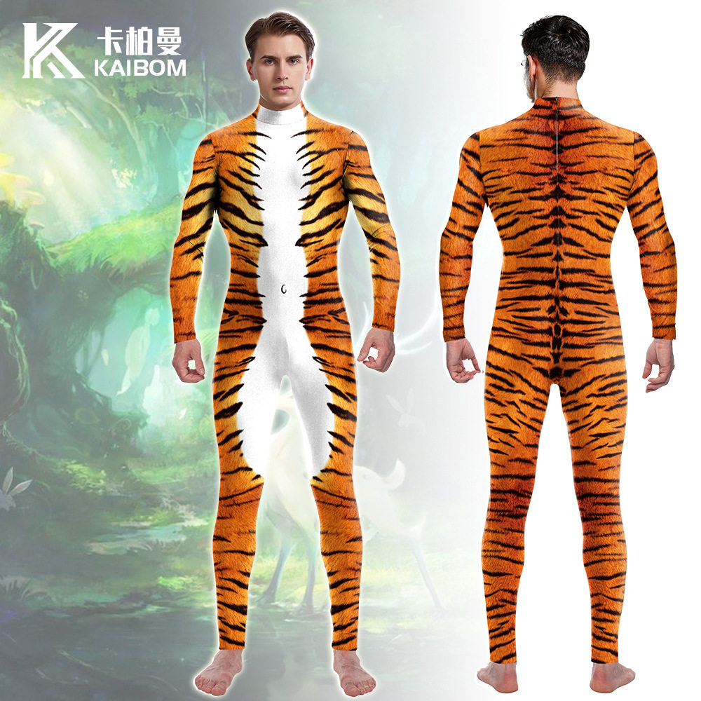 2025跨境外贸货源动物老虎3D数码印花连体紧身衣舞台表演服男女装