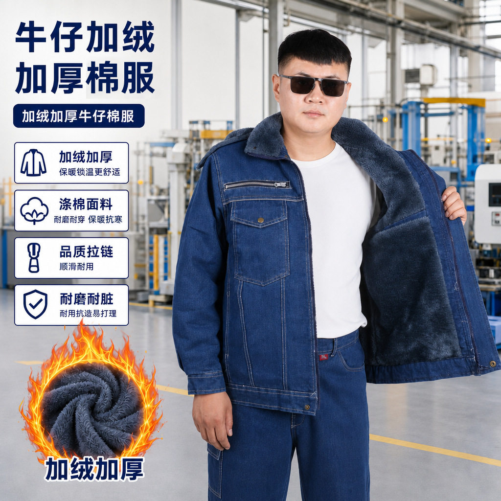 冬季加绒加厚防寒保暖牛仔工作服男棉衣耐磨耐脏电焊工劳保服棉服