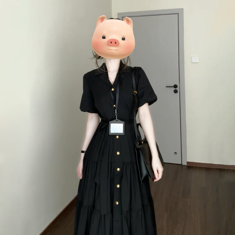 赫本风法式黑色衬衫连衣裙子女装夏季2025新款气质高级感收腰长裙