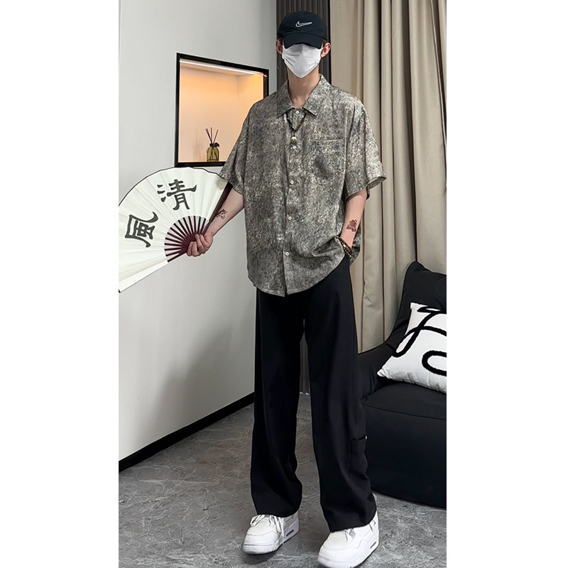 25新中式风缎面衬衫高级感潮流宽松男短袖衬衣504-W682-P45控69,男装T恤,星座504