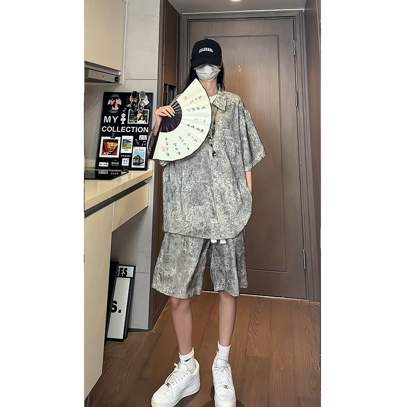 新中式风缎面冰丝薄款宽松五分短袖短裤套装504-W33-P80控128,男装休闲套装,星座504