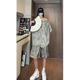 新中式风缎面冰丝薄款宽松五分短袖短裤套装504-W33-P80控128，男装休闲套装，星座504
