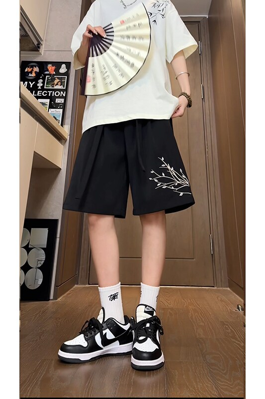 夏季中式风兰花刺绣短裤男女宽松休闲五分裤504-K337-特P24控48,男装休闲裤,星座504