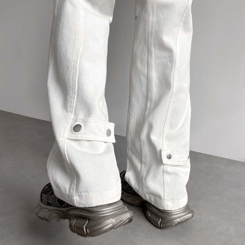 wassup happy白色微喇牛仔裤男士春秋季新款潮流高街阔腿休闲裤子图片