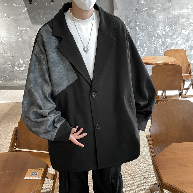 24潮牌复古皮拼色西服高级感痞帅气质休闲西装504-W27-P85控108,男装西服套装,星座504