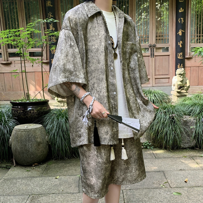 新中式风缎面冰丝薄款宽松五分短袖短裤套装504-W33-P80控128,男装休闲套装,星座504